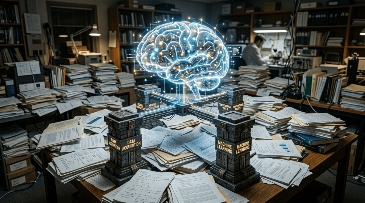 Digital brain hologram above labeled pillars reading Data Acquisition and Machine Learning in office